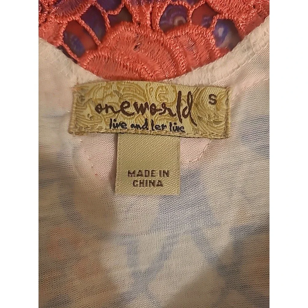 ONE WORLD Floral Paisly Top Size Small Sleeveless Lace Crochet Orange Blue - Picture 4 of 8